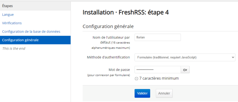 FreshRSS - Création d'un compte admin