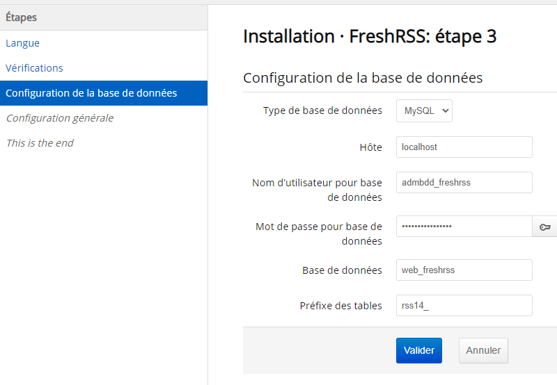 FreshRSS - Base de données MySQL