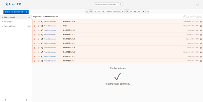 Synology - Installation de FreshRSS - Tableau de bord