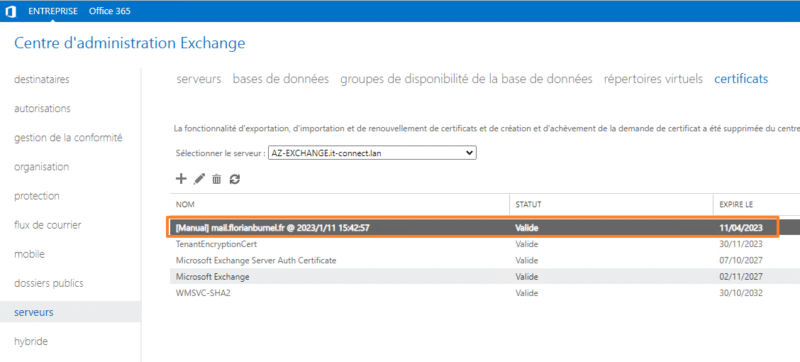 Centre administration Exchange - Certificat Let's Encrypt