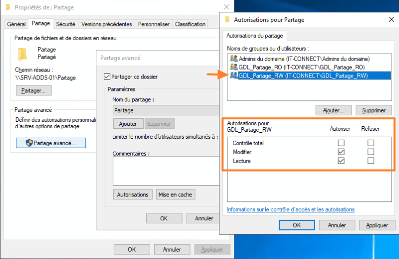 Configurer les droits de partage Windows Server