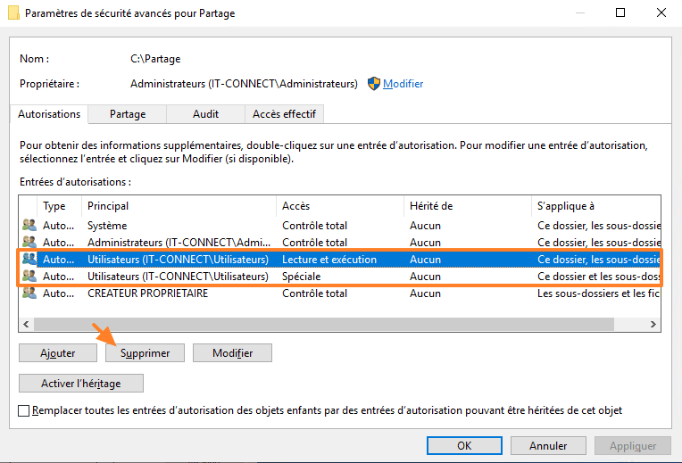 Supprimer permissions NTFS sur un partage