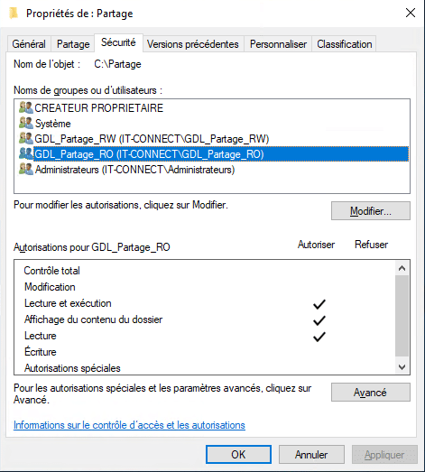 Liste des permissions NTFS