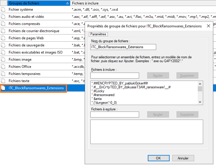 BlockRansomwares - FSRM - Groupe de fichiers