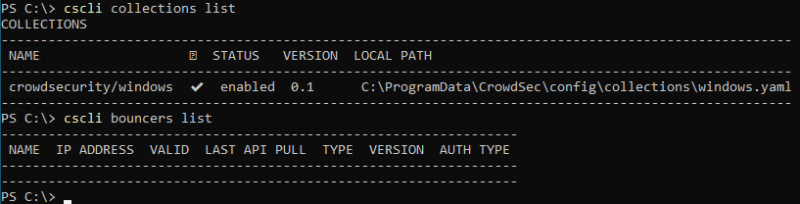 CrowdSec Windows - Lister les collections et les bouncers