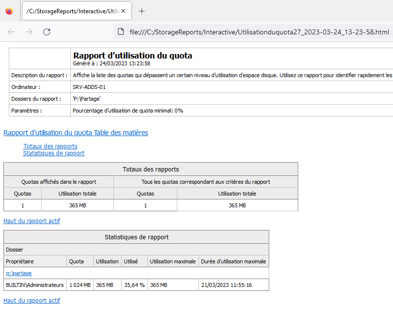 FSRM - Exemple rapport utilisation des quotas