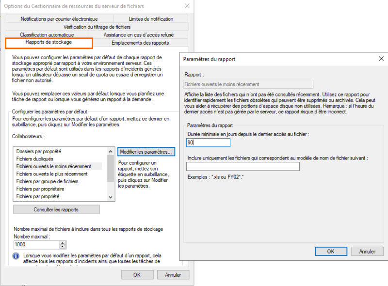 FSRM - Rapports de stockage - Paramètres