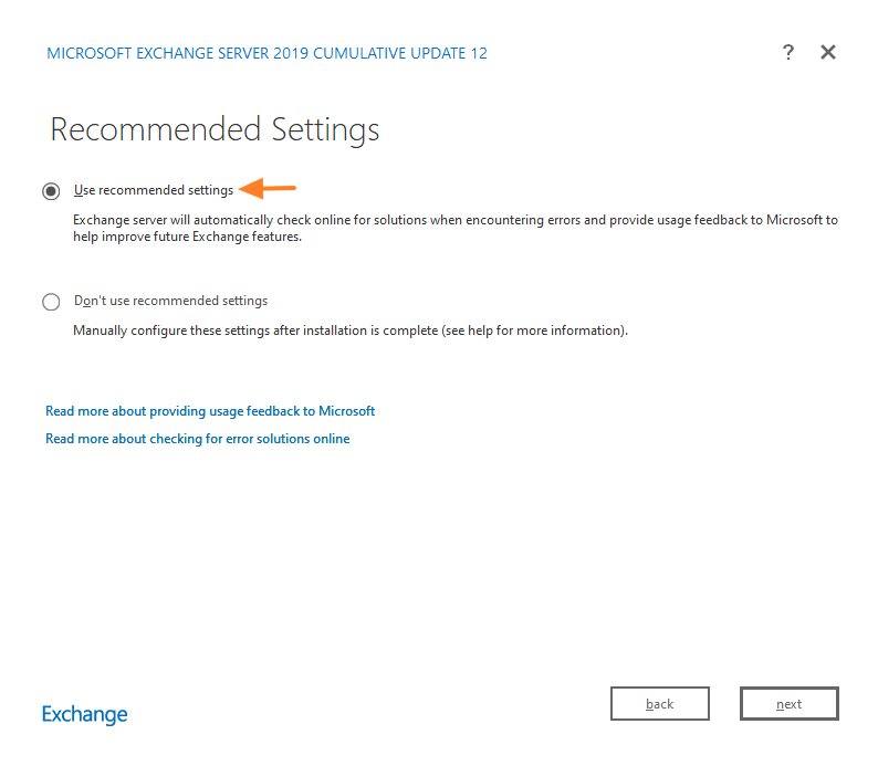 Installer Exchange Server 2019 - Etape Paramètres recommandés