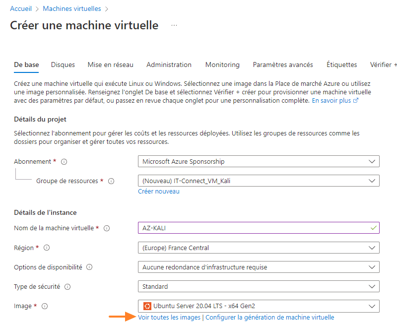 Kali Linux - Créer une VM Azure - Etape 2