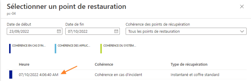 Restauration Azure Backup - Choix de la sauvegarde à restaurer