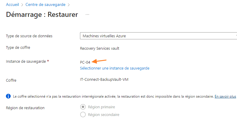 Restauration Azure Backup - Instance de sauvegarde