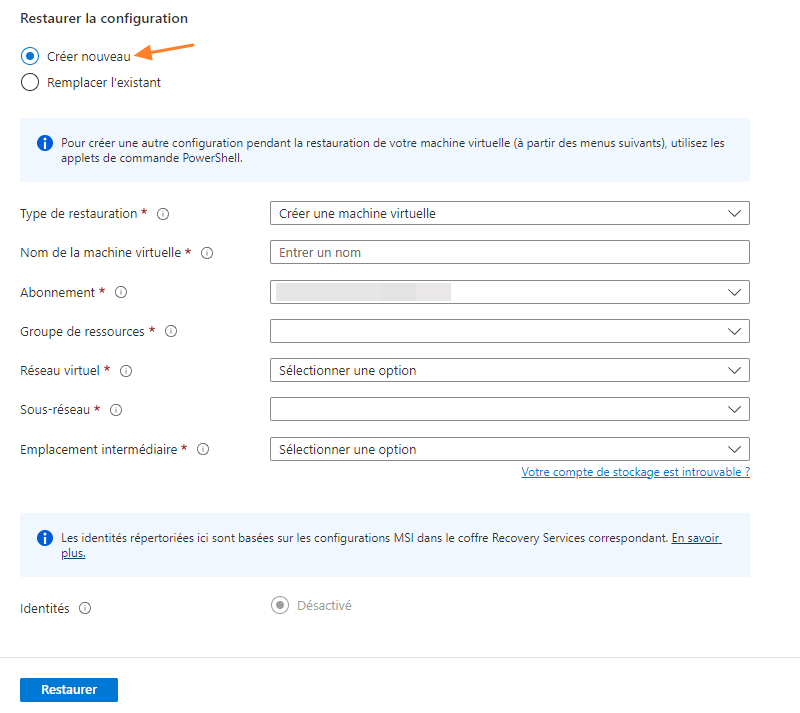 Restauration Azure Backup - Créer nouvelle VM à partir de la sauvegarde