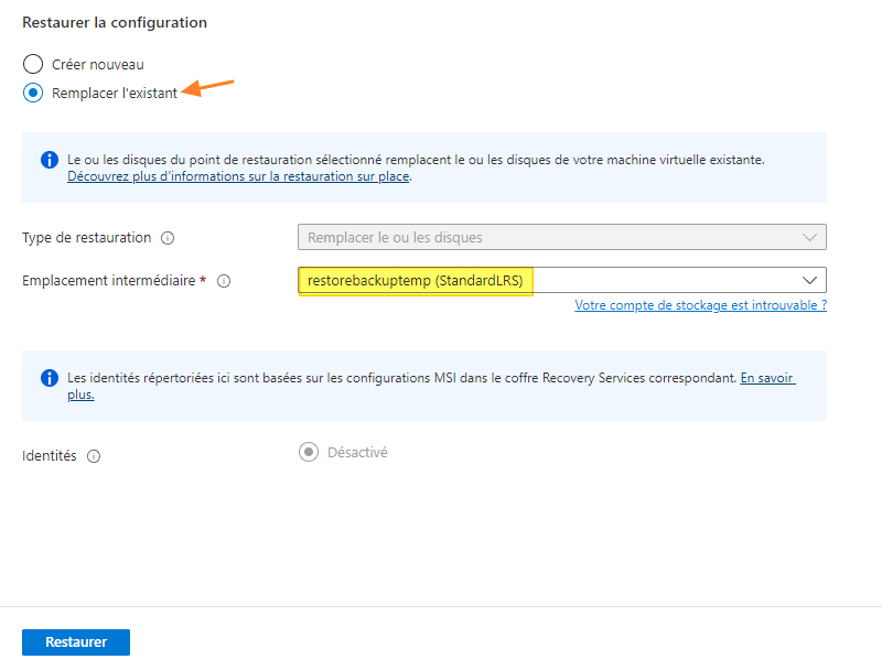 Restauration Azure Backup - Remplacer la VM existante