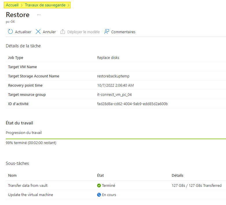 Restauration Azure Backup - Travaux