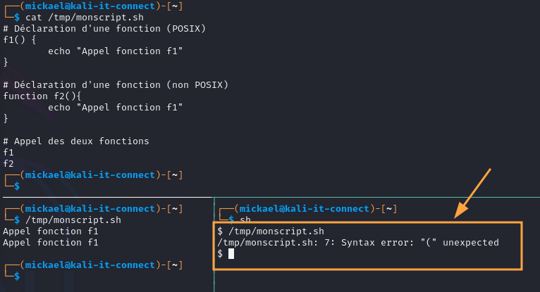 Différence d’exécution du même script dans un shell POSIX et un shell non POSIX.