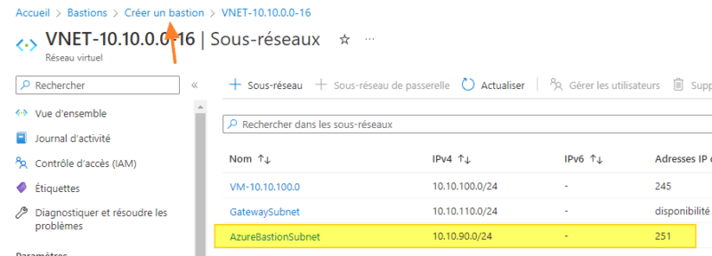 Azure Bastion - Sous-réseau pour le bastion créé