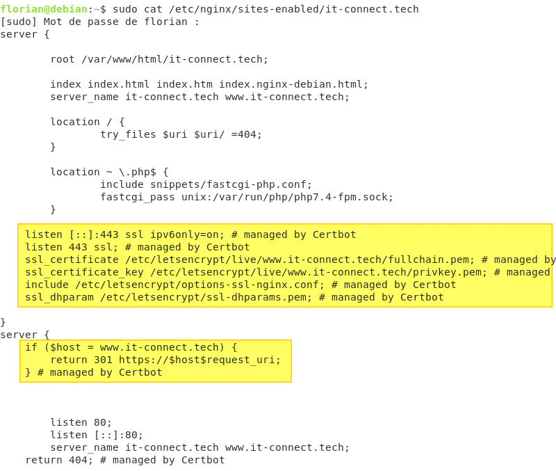 Intégration du certificat Let's Encrypt dans la configuration de Nginx