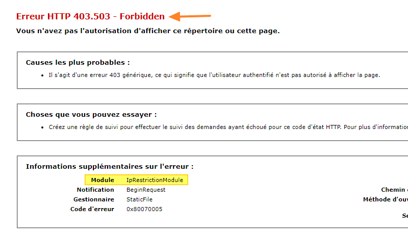Erreur HTTP car restriction par adresse IP IIS