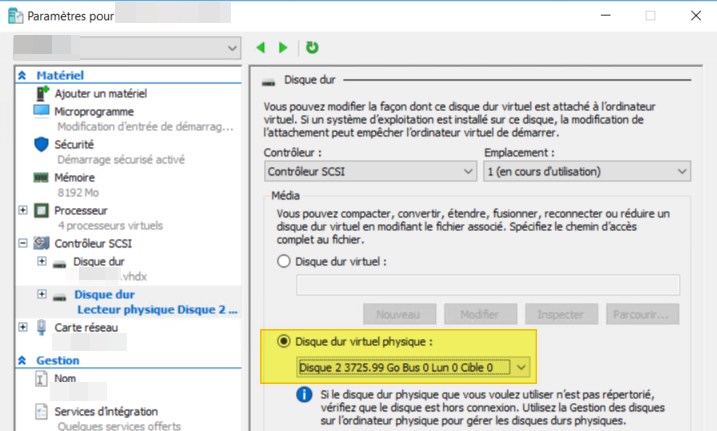 Hyper-V disque physique VM