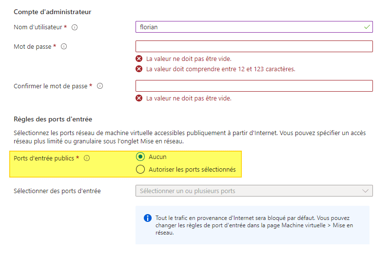 Azure - Créer une VM - Nom d'utilisateur