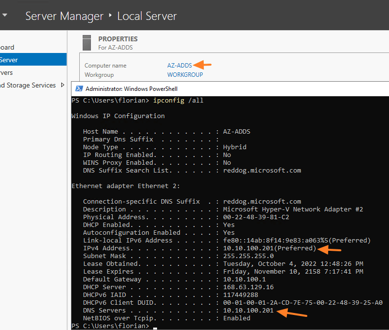 Azure - ADDS - Adresse IP et DNS