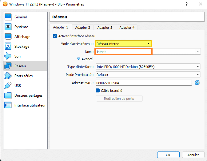 VirtualBox réseau interne