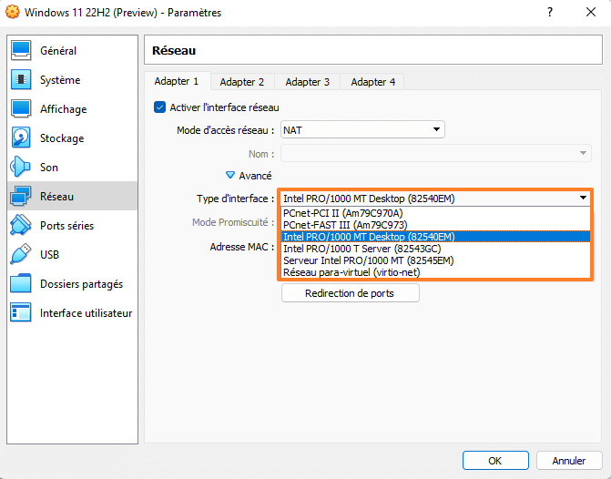 Types de cartes réseau VirtualBox