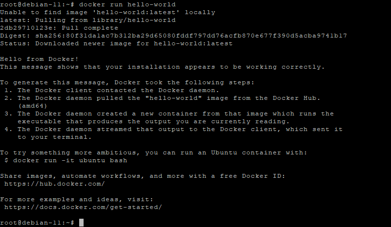 Debian 11 docker run hello-world