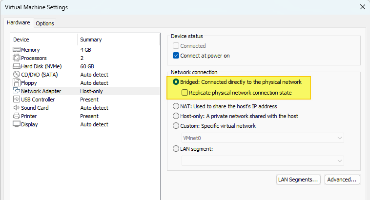 VMware Workstation Pro - Réseau Bridged dans VM