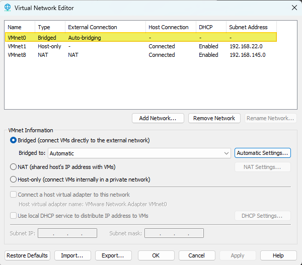 VMware Workstation Pro - Virtual Network Editor - Bridged