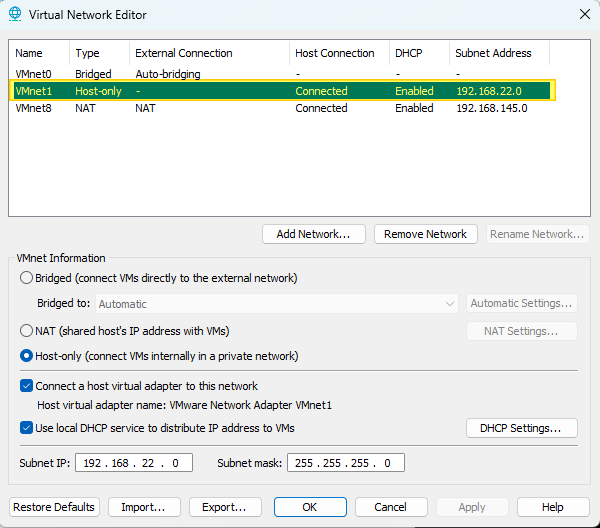 VMware Workstation Pro - Virtual Network Editor - Host-only