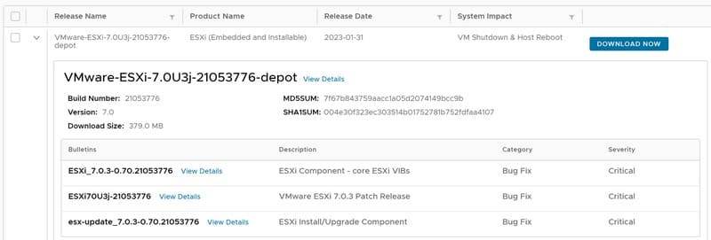 Dernière mise à jour ESXi 7.0