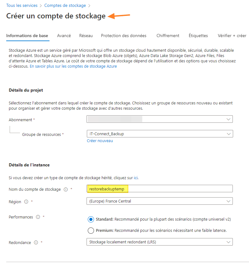 Restauration Azure Backup - Créer un compte de stockage