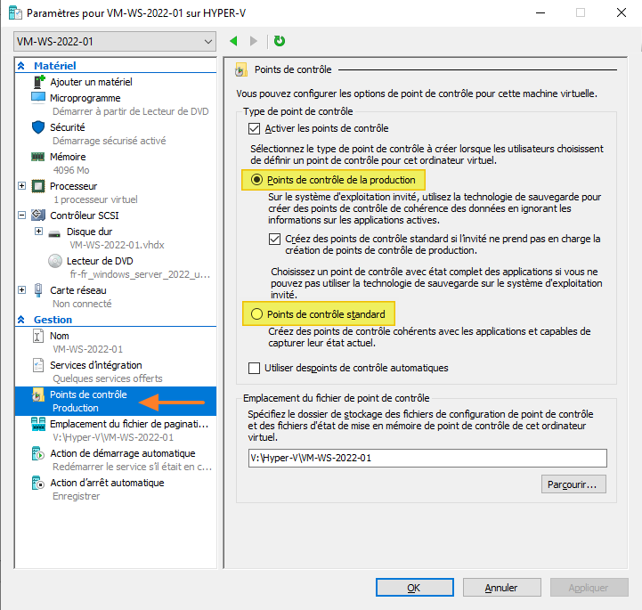 Hyper-V Windows Server 2022 - Points de contrôle