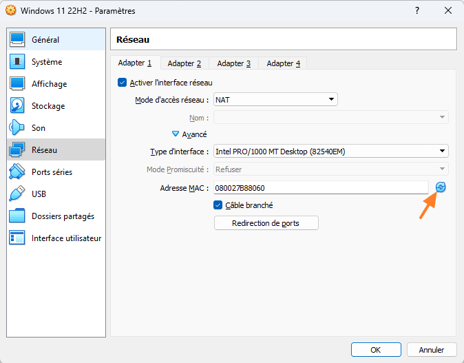 VirtualBox - Renouveler adresse MAC