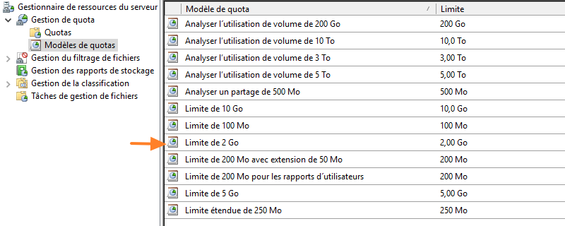 FSRM - Liste des modèles de quotas