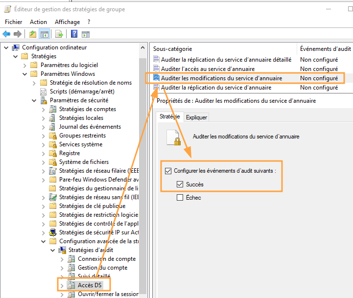 Activation de la journalisation des modifications sur le service d’annuaire.