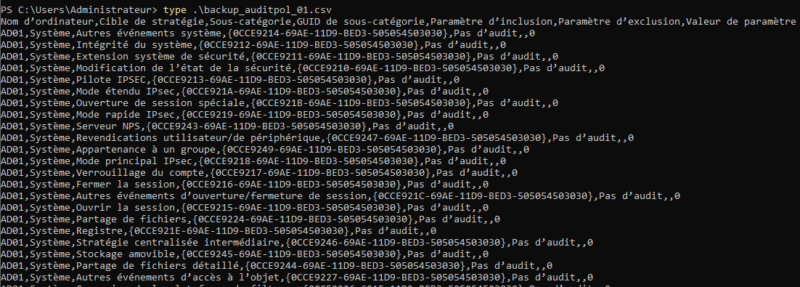 Exemple de backup de stratégie d'audit au format CSV réalisé par 