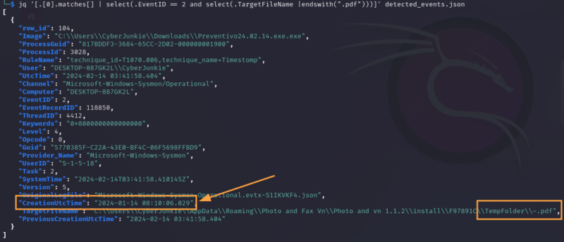 Evénement Sysmon relatif à la modification de la date création d'un fichier.